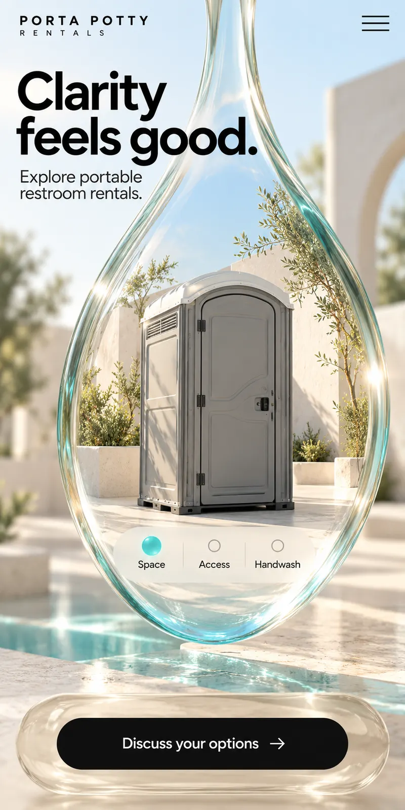 Portable toilet in a transparent water-drop shaped illustration